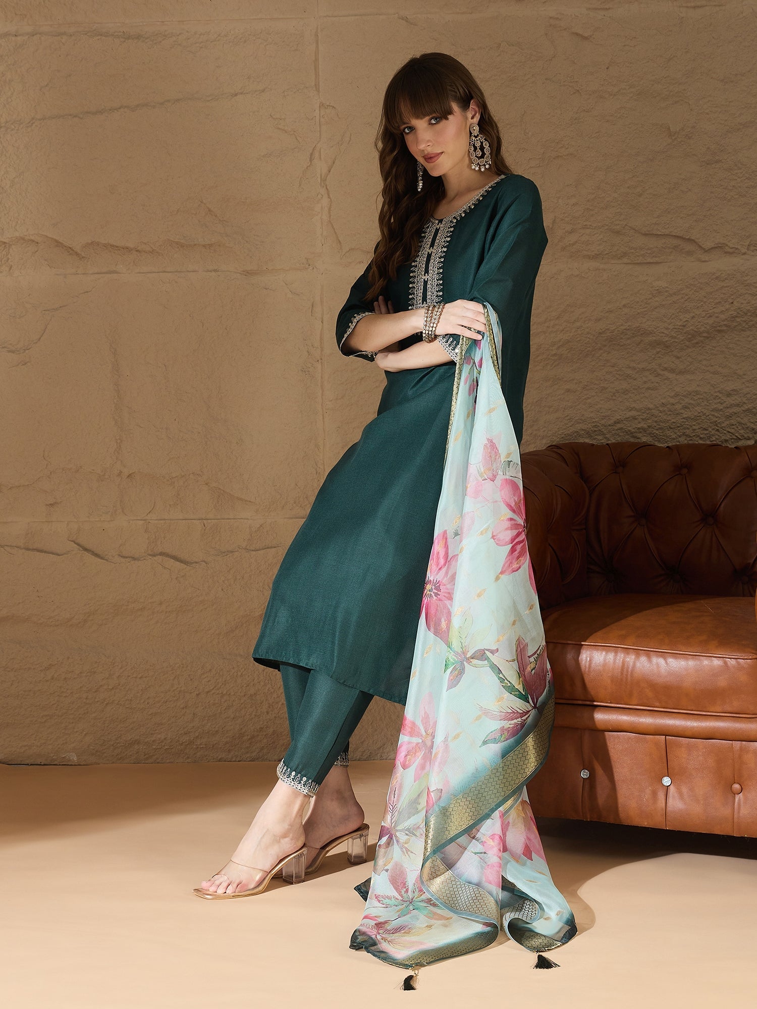 Nitya Green Women Kurta and Trousers Pant Sets Cotton Blend - FitVibe Fashion