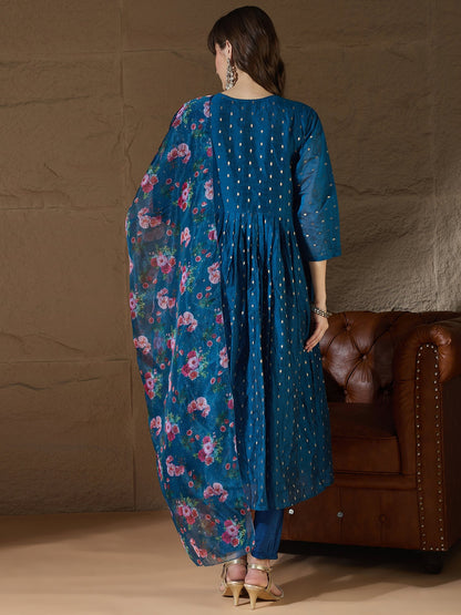 Neelangi Teal Women Kurta and Leggings Duppata Set Chanderi Modal Butti - FitVibe Fashion