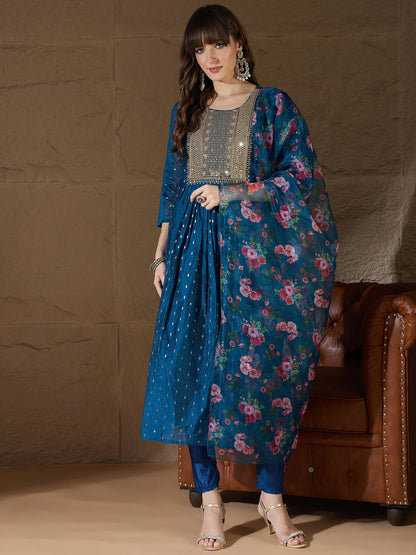 Neelangi Teal Women Kurta and Leggings Duppata Set Chanderi Modal Butti - FitVibe Fashion