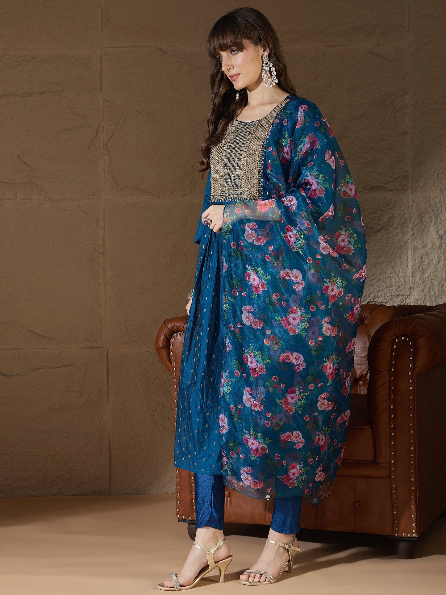 Neelangi Teal Women Kurta and Leggings Duppata Set Chanderi Modal Butti - FitVibe Fashion