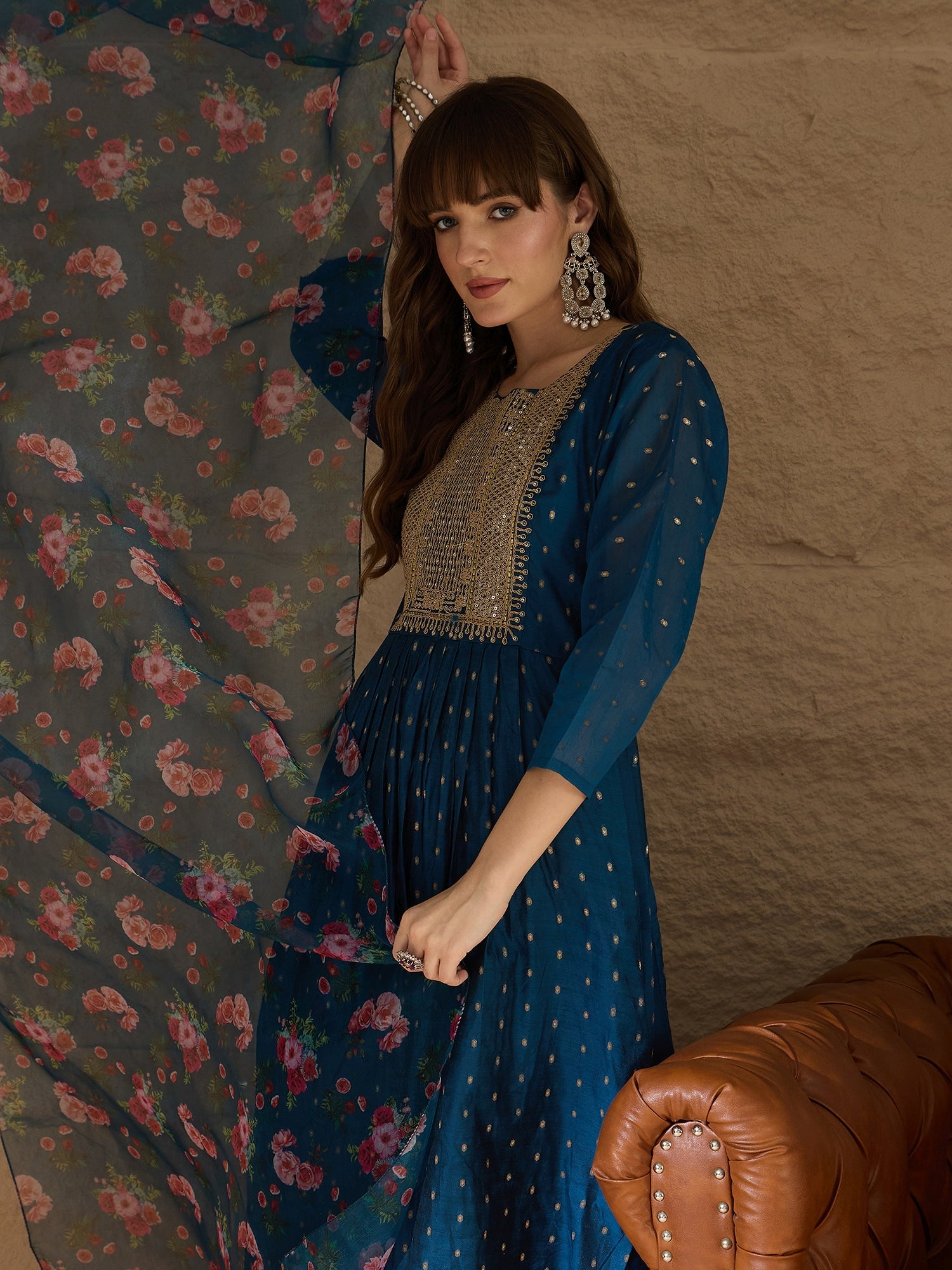 Neelangi Teal Women Kurta and Leggings Duppata Set Chanderi Modal Butti - FitVibe Fashion