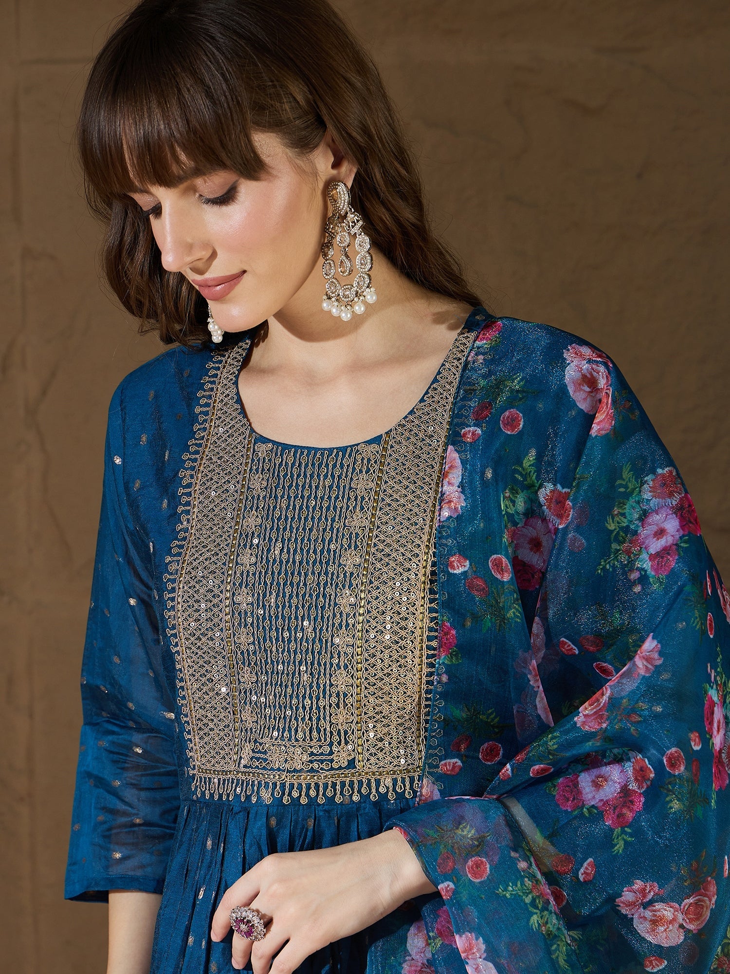 Neelangi Teal Women Kurta and Leggings Duppata Set Chanderi Modal Butti - FitVibe Fashion