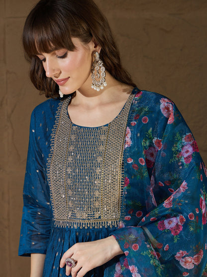 Neelangi Teal Women Kurta and Leggings Duppata Set Chanderi Modal Butti - FitVibe Fashion