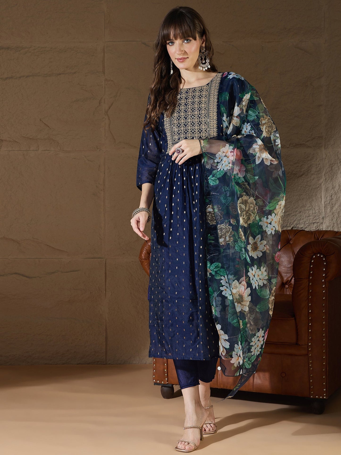 Neelangi Blue Women Kurta and Leggings Duppata Set Chanderi Modal Butti - FitVibe Fashion
