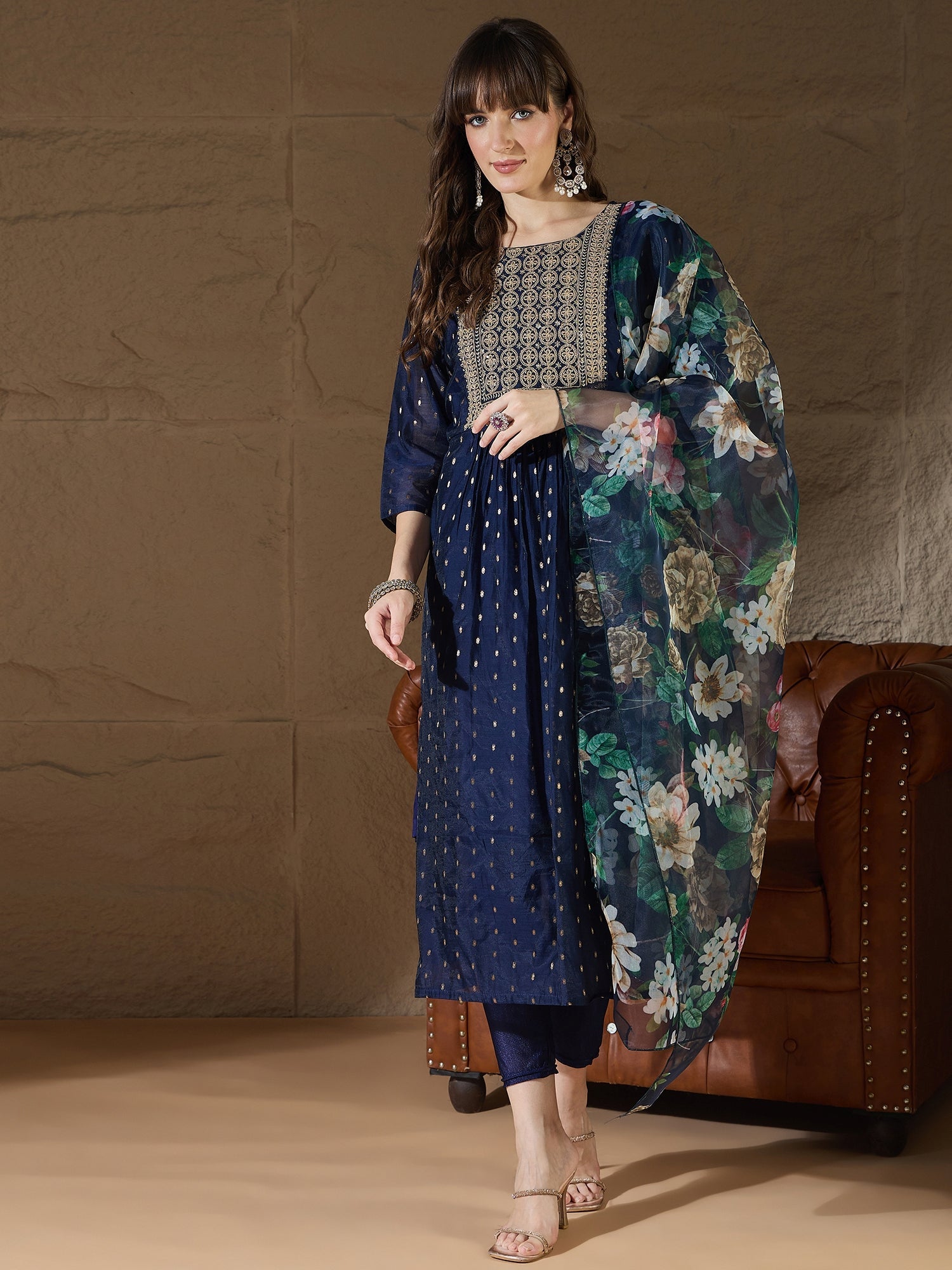 Neelangi Blue Women Kurta and Leggings Duppata Set Chanderi Modal Butti - FitVibe Fashion