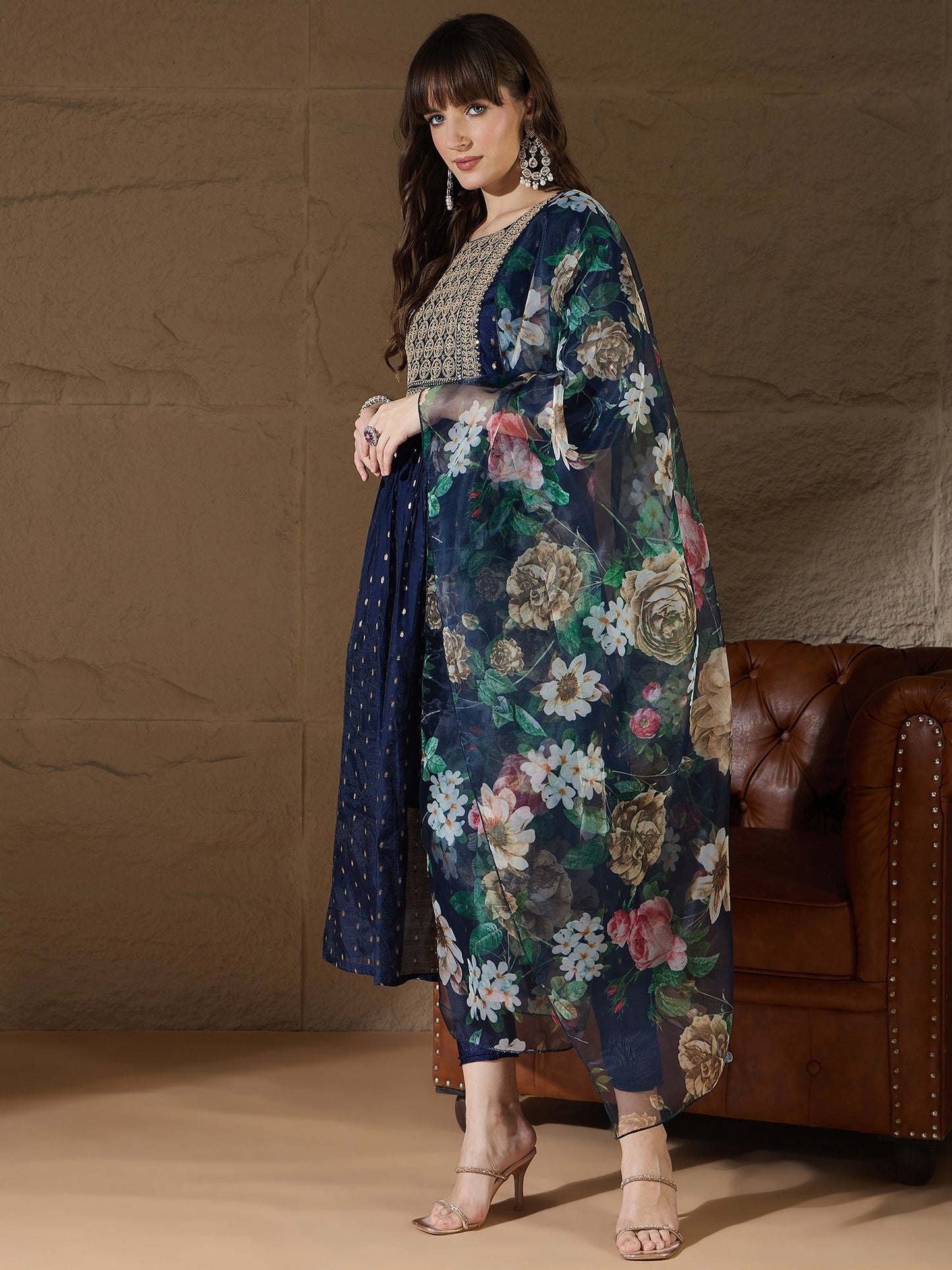 Neelangi Blue Women Kurta and Leggings Duppata Set Chanderi Modal Butti - FitVibe Fashion