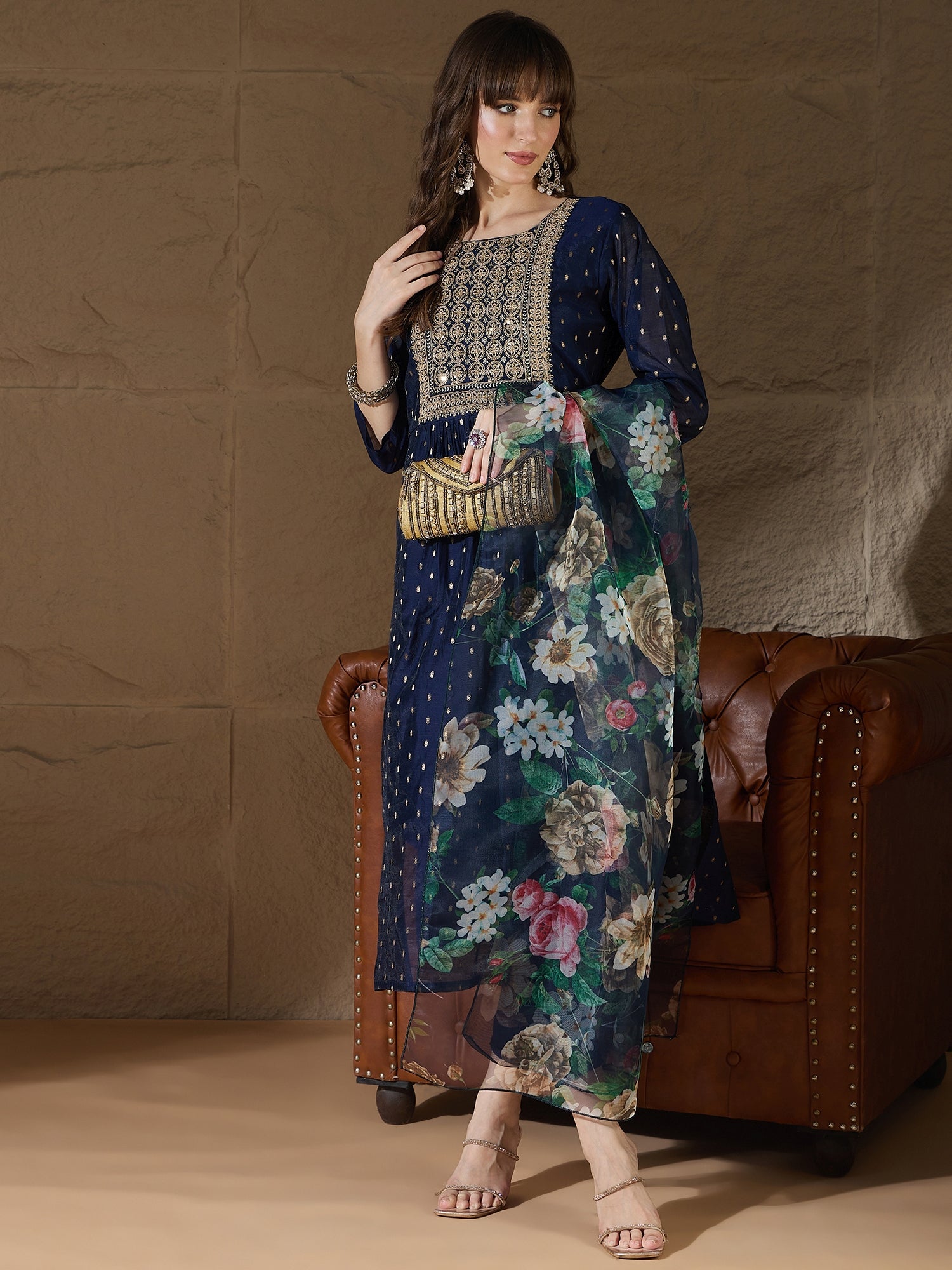 Neelangi Blue Women Kurta and Leggings Duppata Set Chanderi Modal Butti - FitVibe Fashion