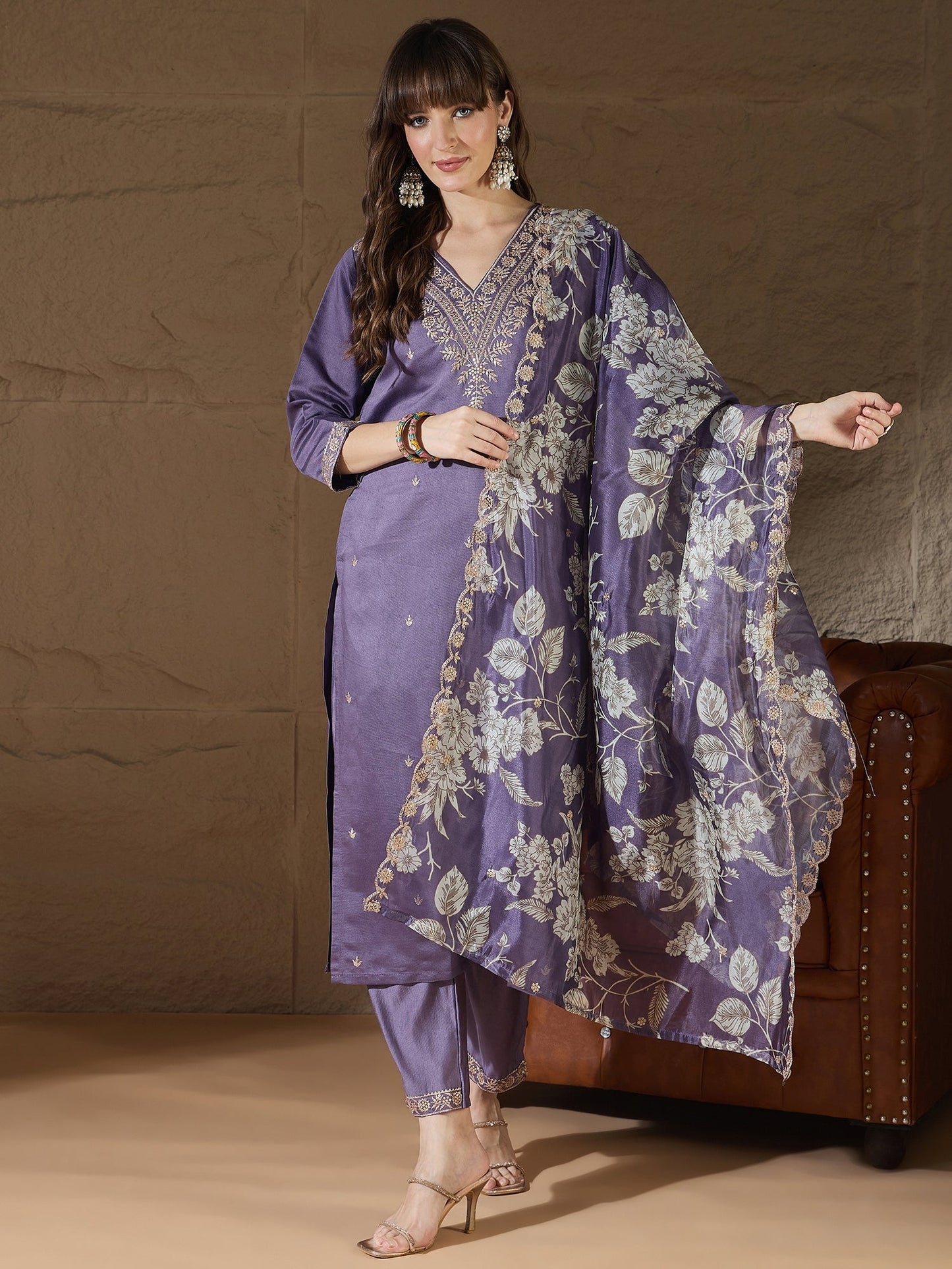 Chitra Charm Lavender Yoke Design Silk Blend Straight Suit With Dupatta - FitVibe Fashion