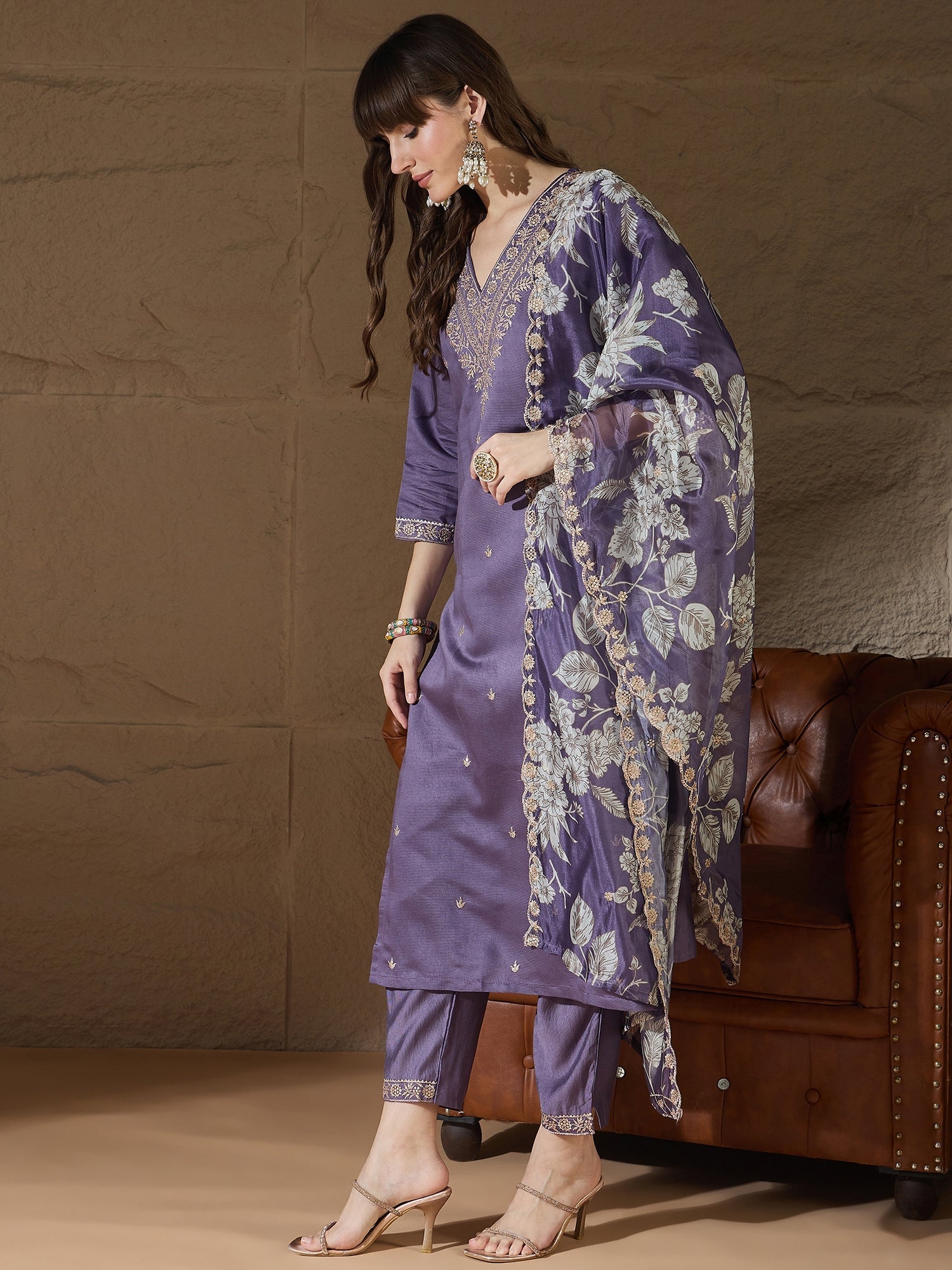 Chitra Charm Lavender Yoke Design Silk Blend Straight Suit With Dupatta - FitVibe Fashion