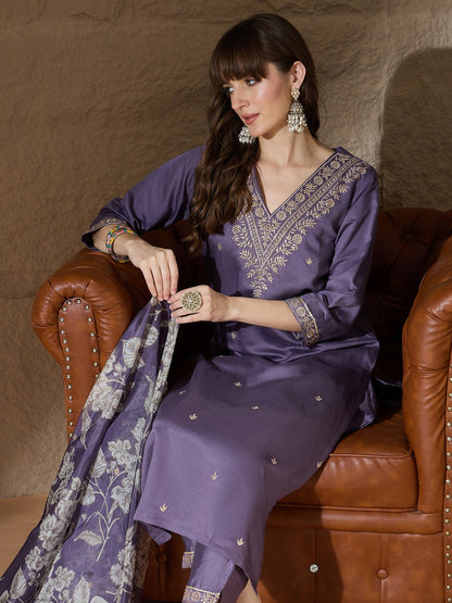 Chitra Charm Lavender Yoke Design Silk Blend Straight Suit With Dupatta - FitVibe Fashion