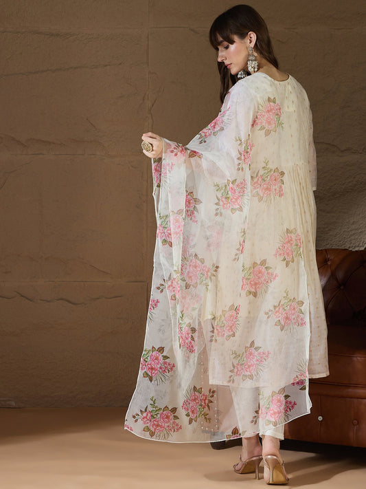 Neelangi Off white Women Kurta and Leggings Duppata Set Chanderi Modal Butti - FitVibe Fashion