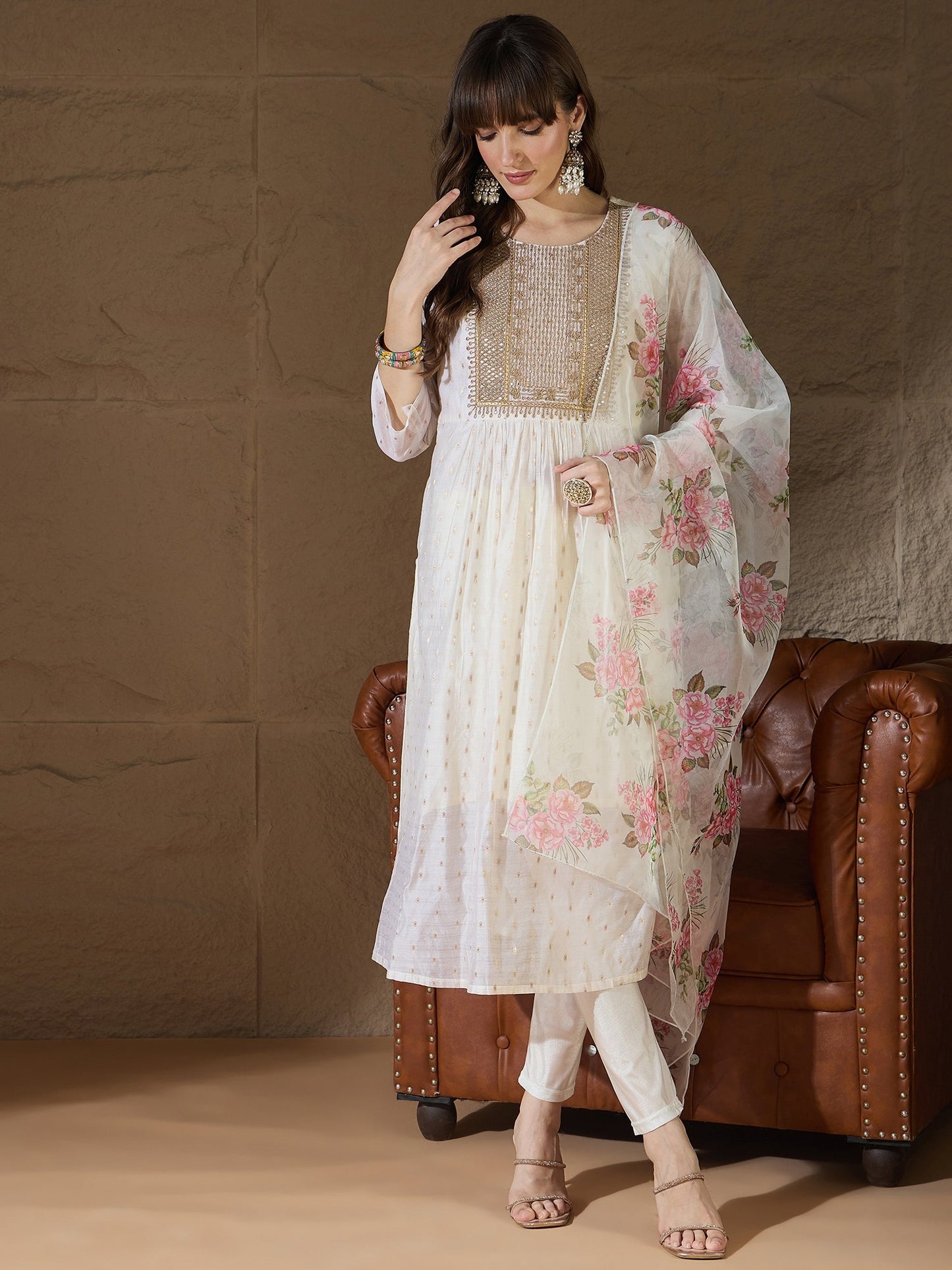 Neelangi Off white Women Kurta and Leggings Duppata Set Chanderi Modal Butti - FitVibe Fashion