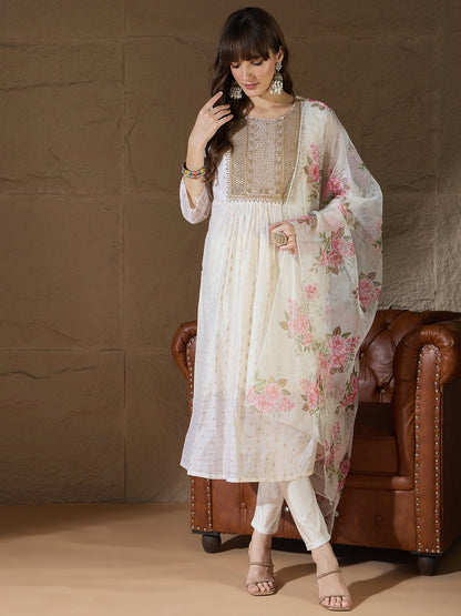 Neelangi Off white Women Kurta and Leggings Duppata Set Chanderi Modal Butti - FitVibe Fashion