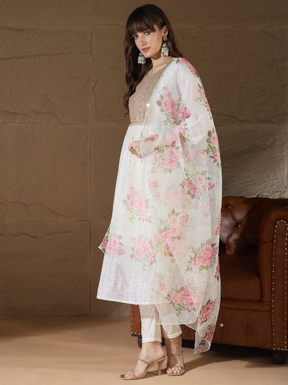 Neelangi Off white Women Kurta and Leggings Duppata Set Chanderi Modal Butti - FitVibe Fashion