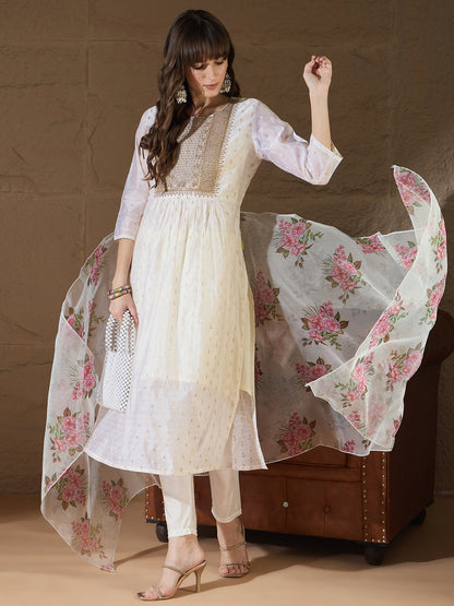 Neelangi Off white Women Kurta and Leggings Duppata Set Chanderi Modal Butti - FitVibe Fashion