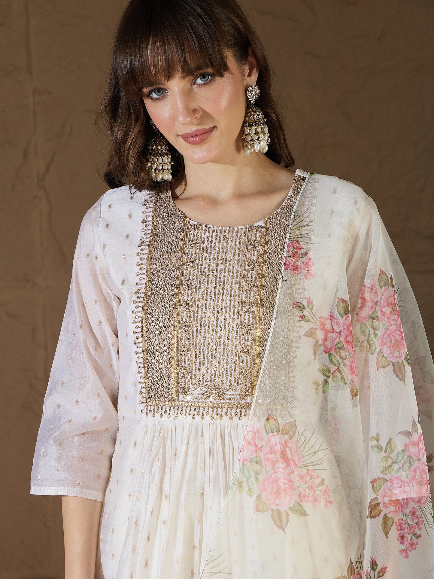 Neelangi Off white Women Kurta and Leggings Duppata Set Chanderi Modal Butti - FitVibe Fashion