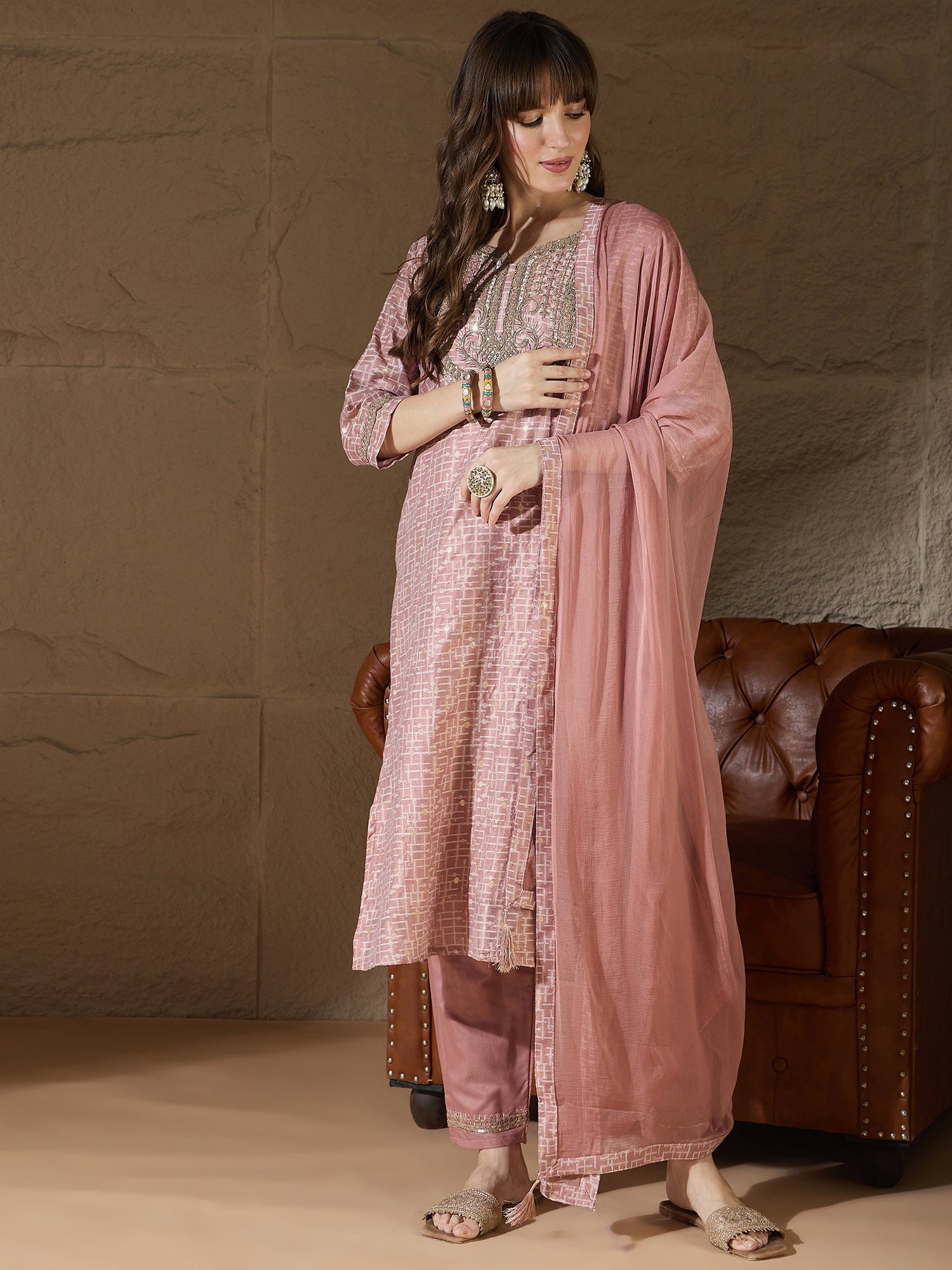 Kriti Women Kurta and Trouser Duppata Set With Embroidery Cotton Blend - FitVibe Fashion