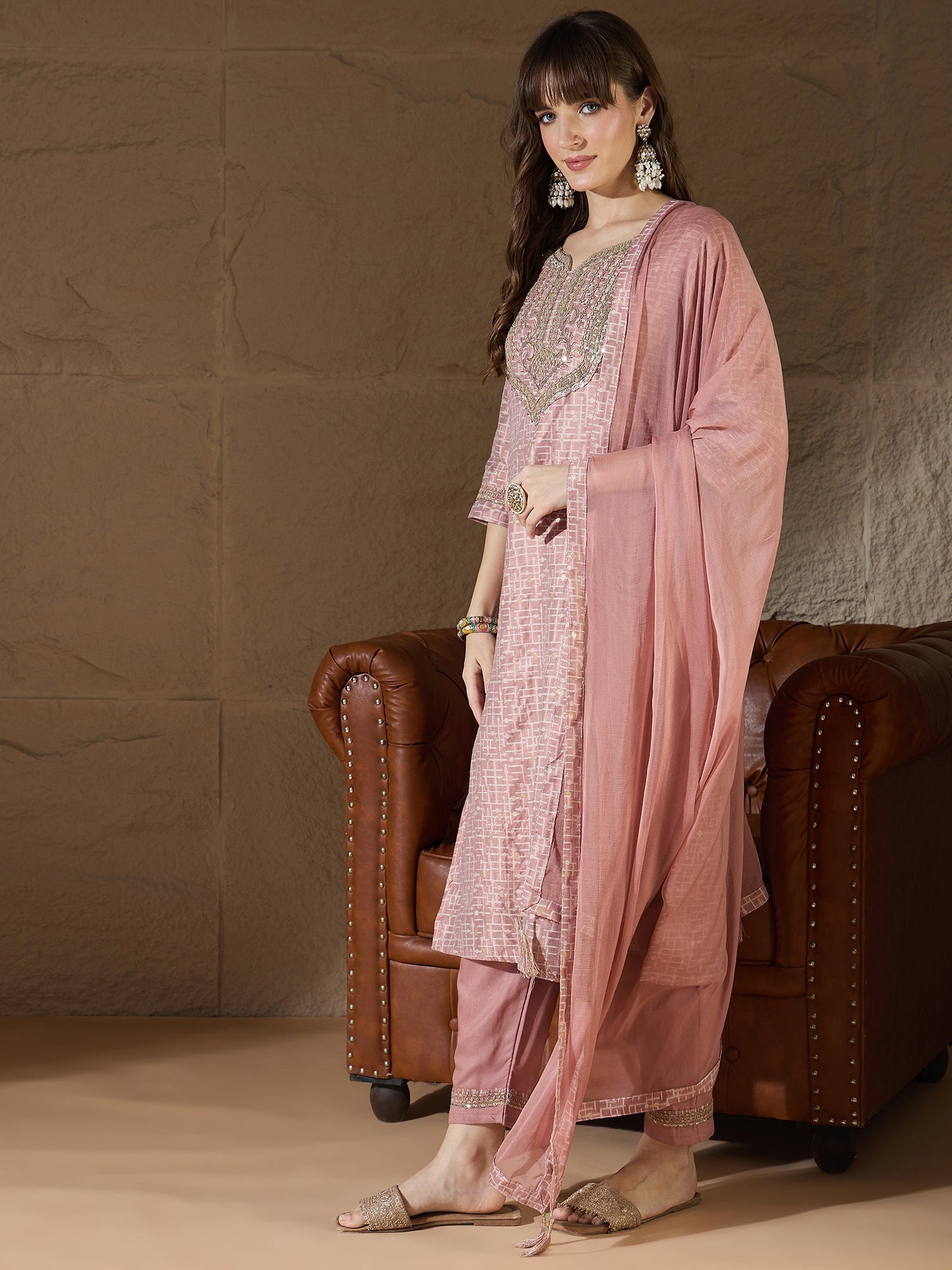 Kriti Women Kurta and Trouser Duppata Set With Embroidery Cotton Blend - FitVibe Fashion