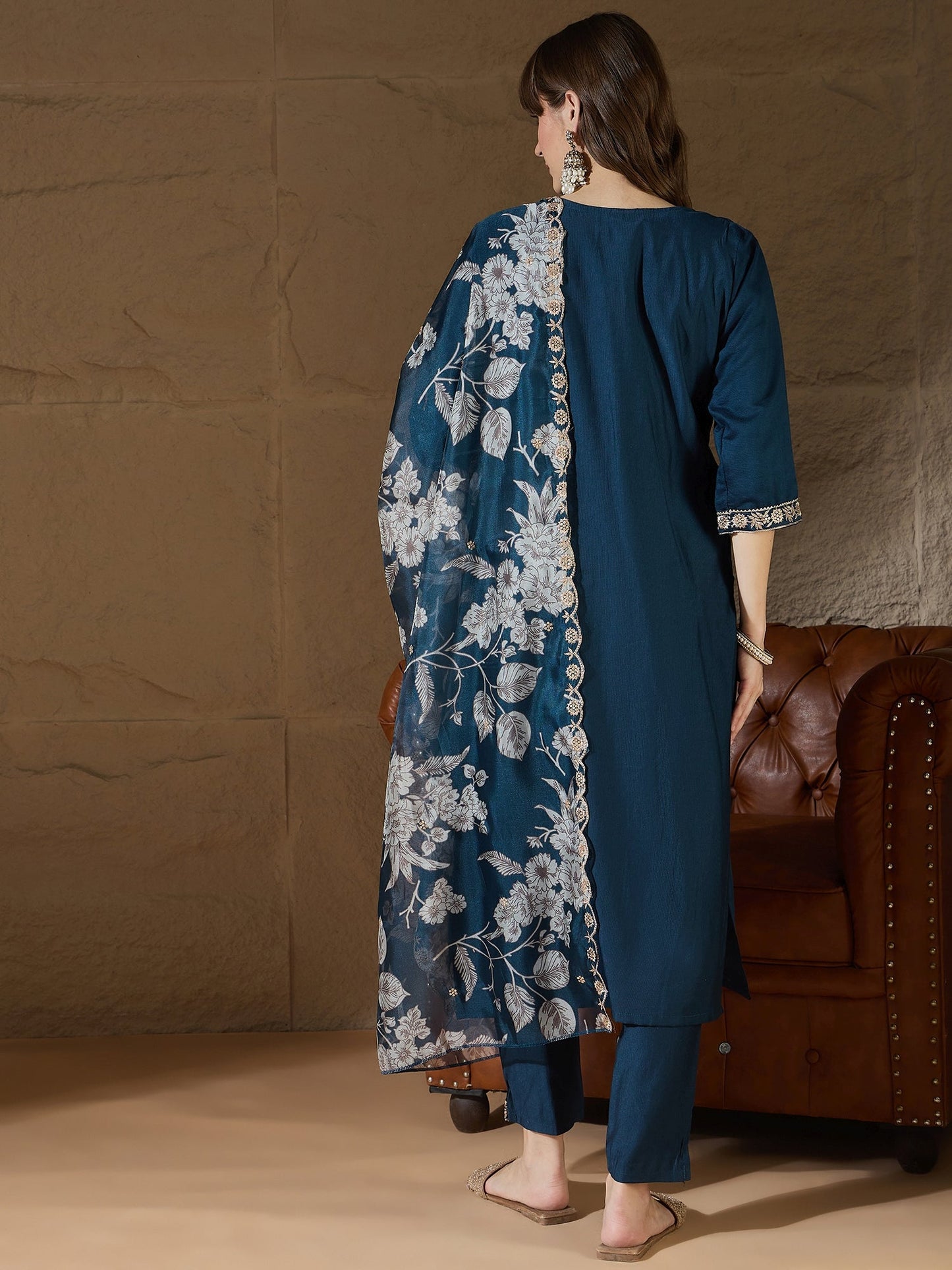 Chitra Charm Teal Yoke Design Silk Blend Straight Suit With Dupatta - FitVibe Fashion