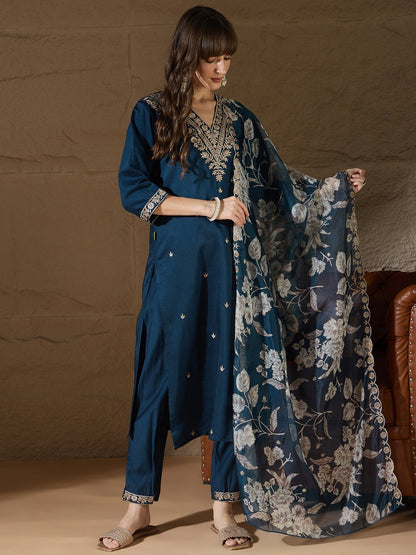 Chitra Charm Teal Yoke Design Silk Blend Straight Suit With Dupatta - FitVibe Fashion