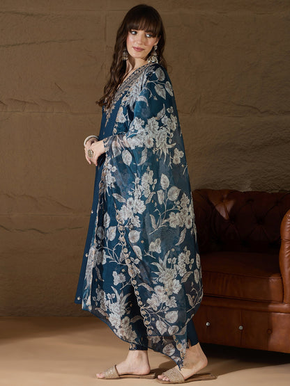 Chitra Charm Teal Yoke Design Silk Blend Straight Suit With Dupatta - FitVibe Fashion