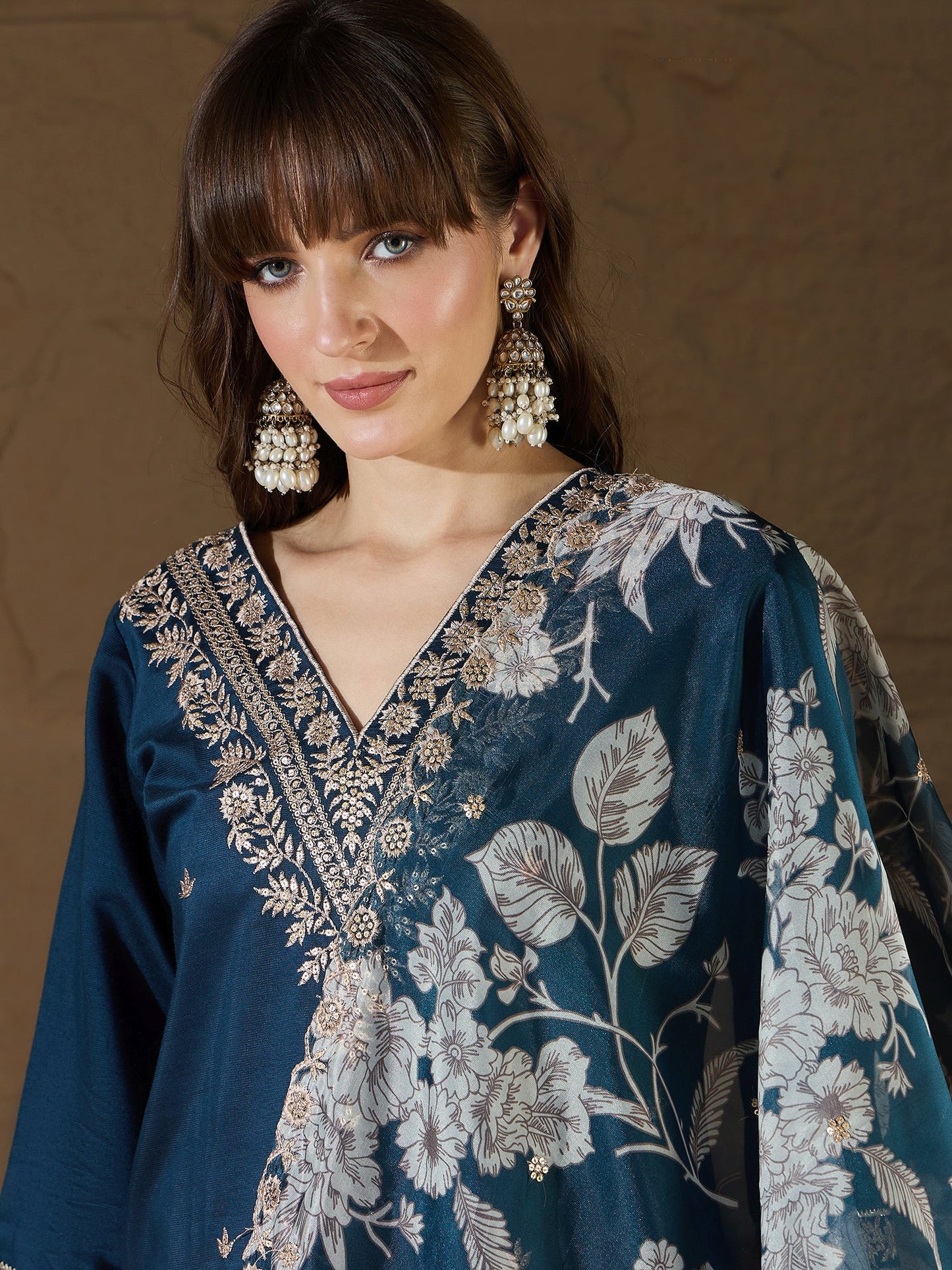 Chitra Charm Teal Yoke Design Silk Blend Straight Suit With Dupatta - FitVibe Fashion