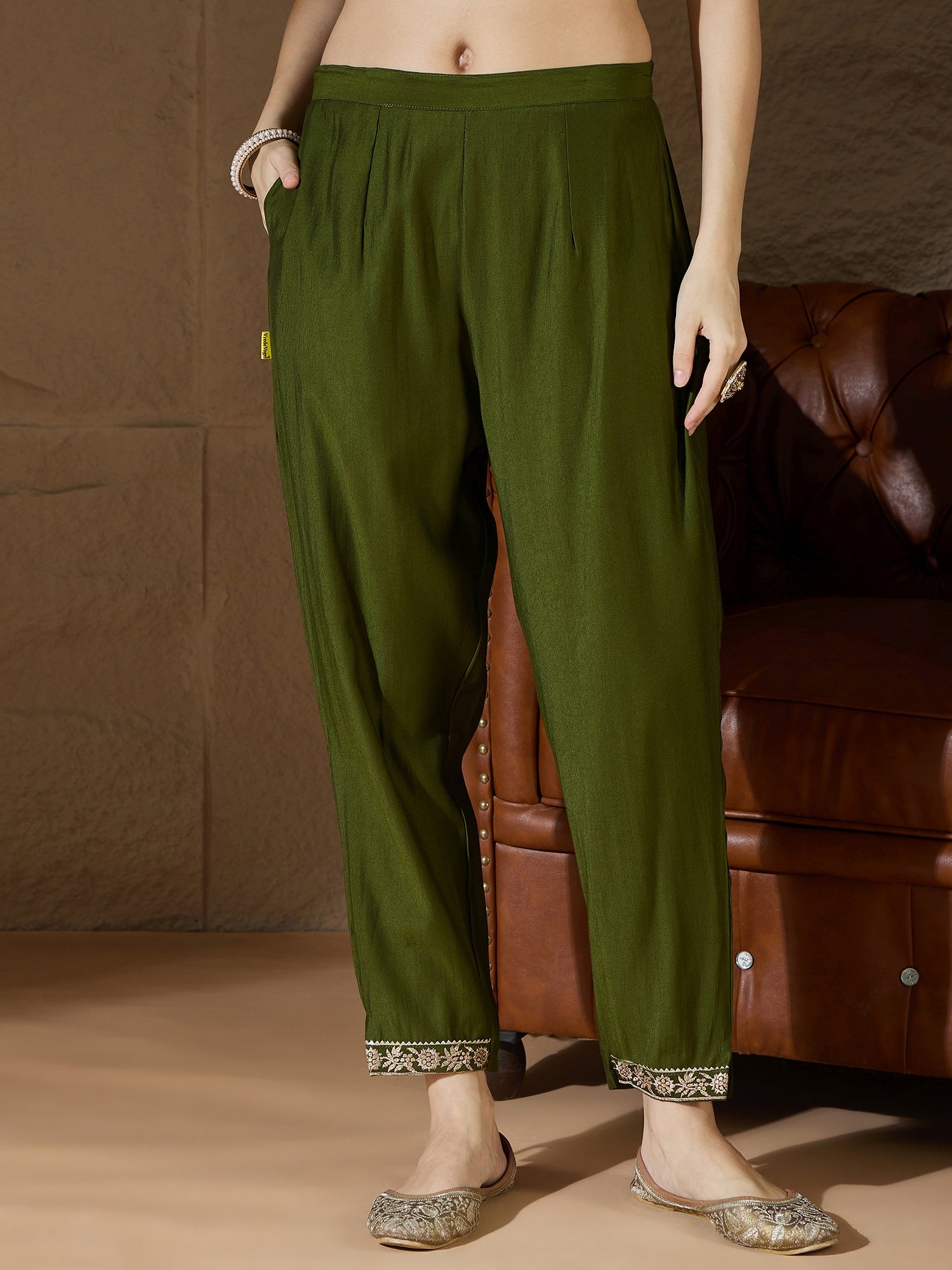 Chitra Charm Mehndi Yoke Design Silk Blend Straight Suit With Dupatta - FitVibe Fashion