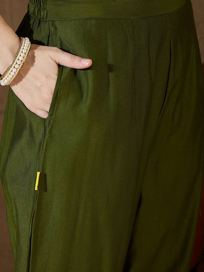 Chitra Charm Mehndi Yoke Design Silk Blend Straight Suit With Dupatta - FitVibe Fashion