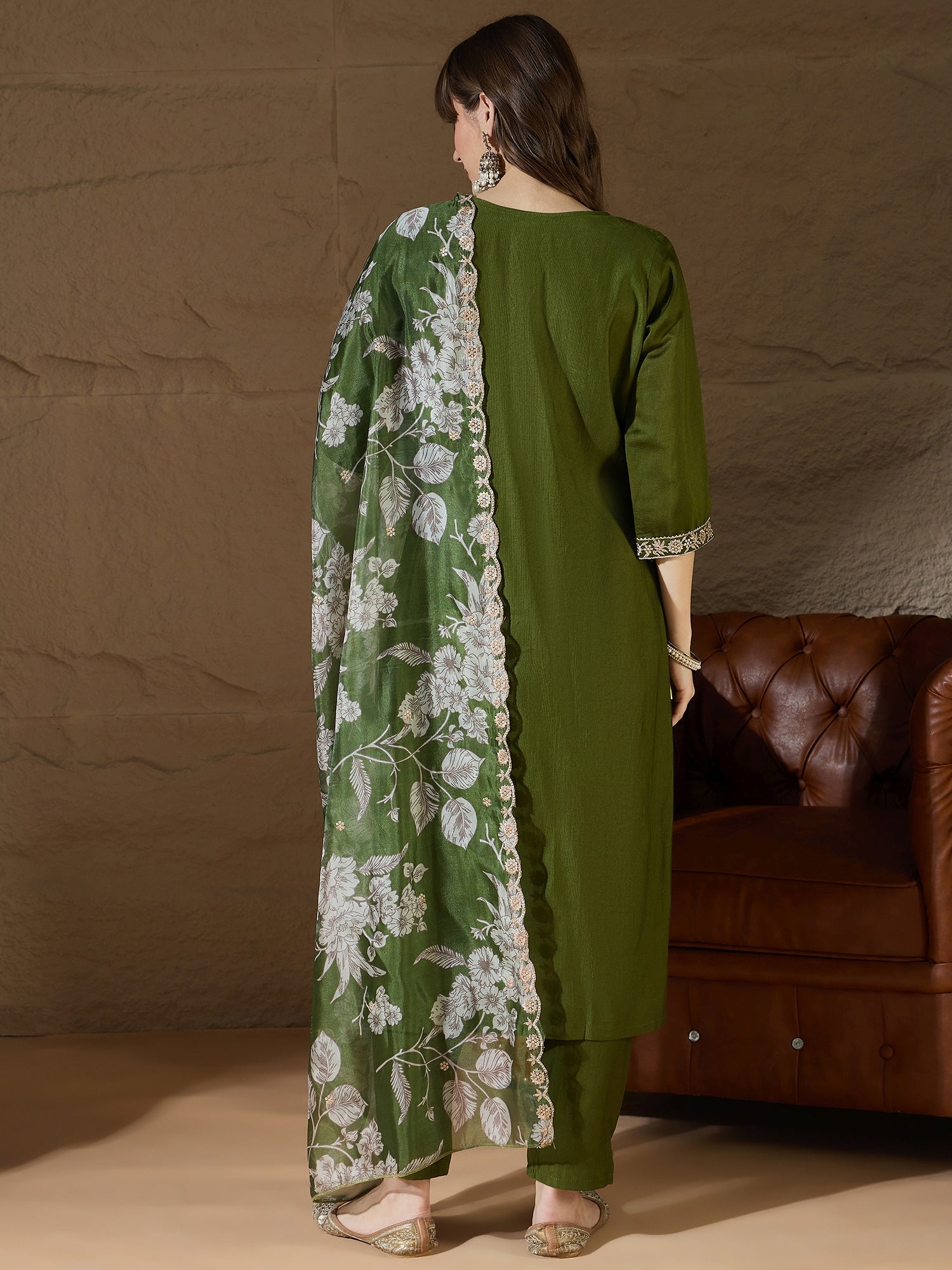 Chitra Charm Mehndi Yoke Design Silk Blend Straight Suit With Dupatta - FitVibe Fashion