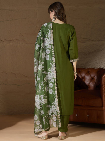 Chitra Charm Mehndi Yoke Design Silk Blend Straight Suit With Dupatta - FitVibe Fashion