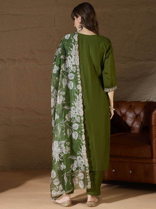 Chitra Charm Mehndi Yoke Design Silk Blend Straight Suit With Dupatta - FitVibe Fashion