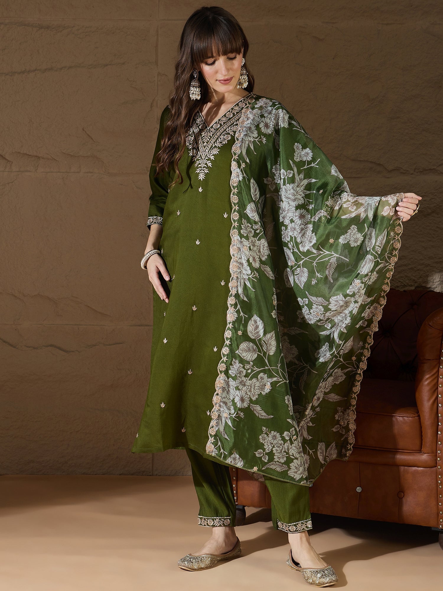 Chitra Charm Mehndi Yoke Design Silk Blend Straight Suit With Dupatta - FitVibe Fashion