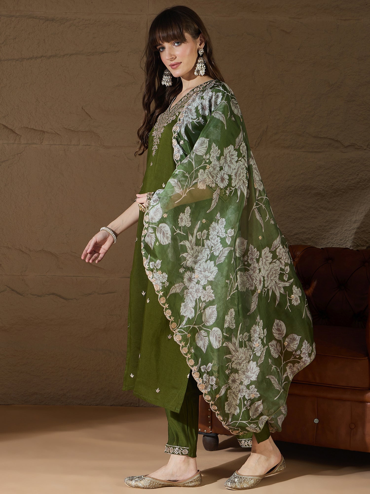 Chitra Charm Mehndi Yoke Design Silk Blend Straight Suit With Dupatta - FitVibe Fashion