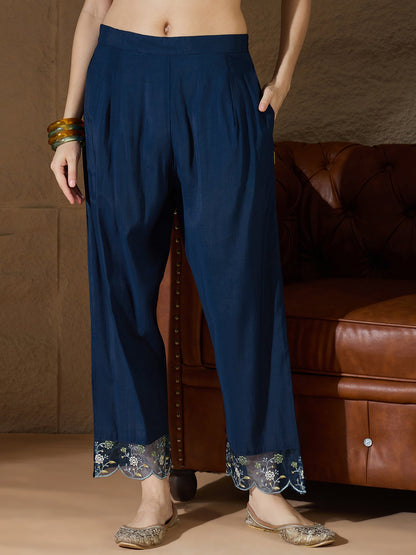 Simran Silk Blend Blue Embroidered Design Straight Kurta suits - FitVibe Fashion
