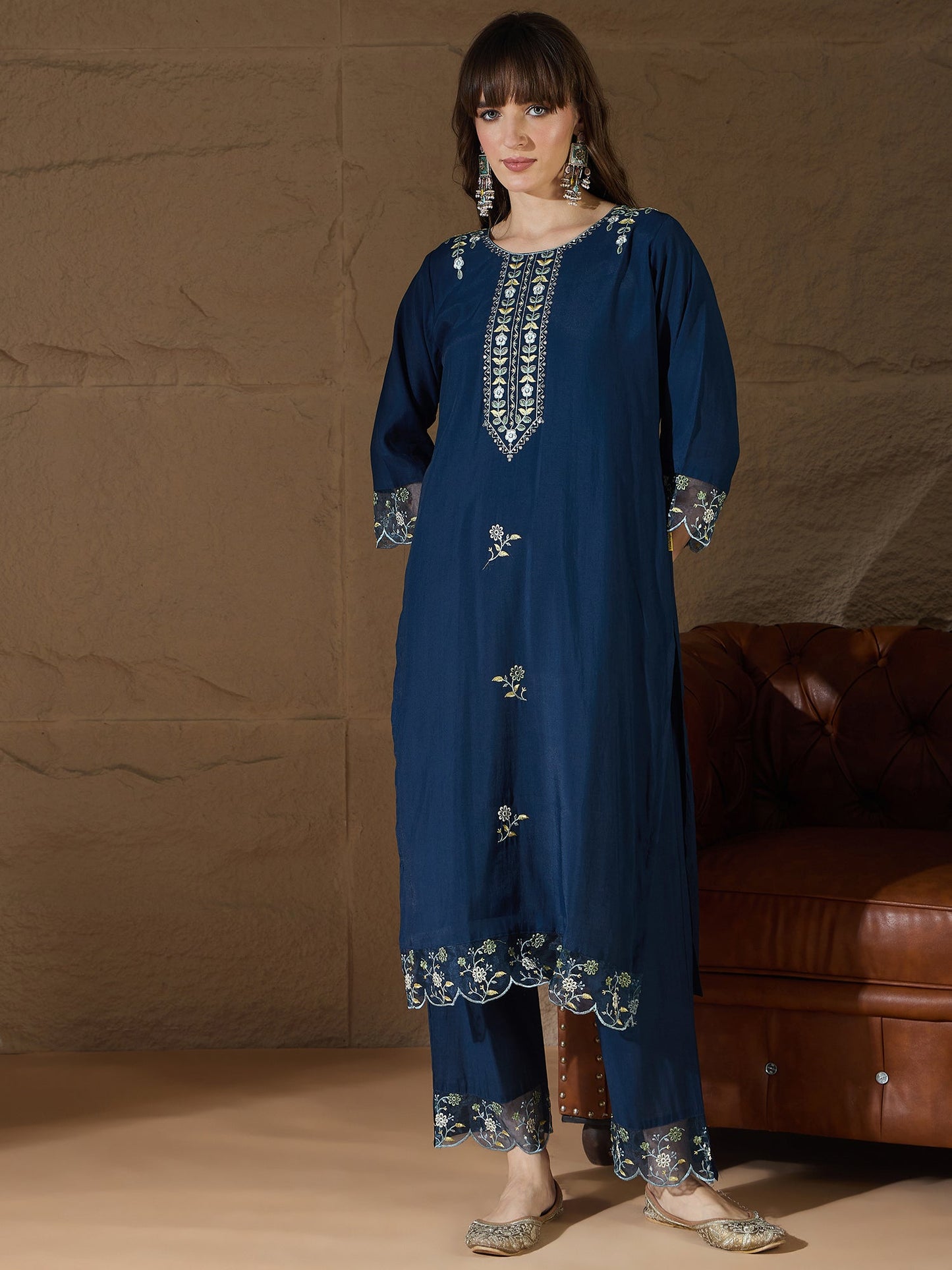 Simran Silk Blend Blue Embroidered Design Straight Kurta suits - FitVibe Fashion