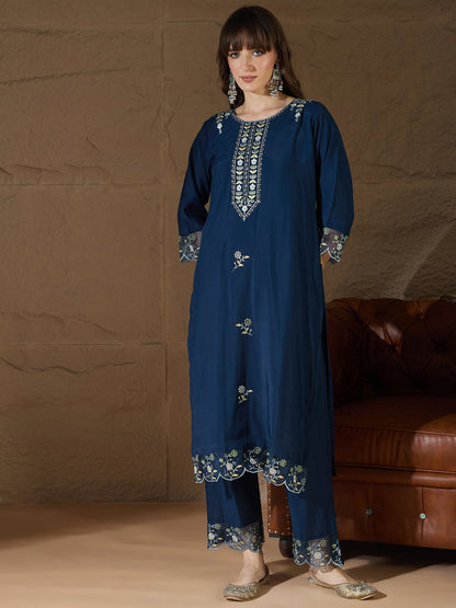 Simran Silk Blend Blue Embroidered Design Straight Kurta suits - FitVibe Fashion