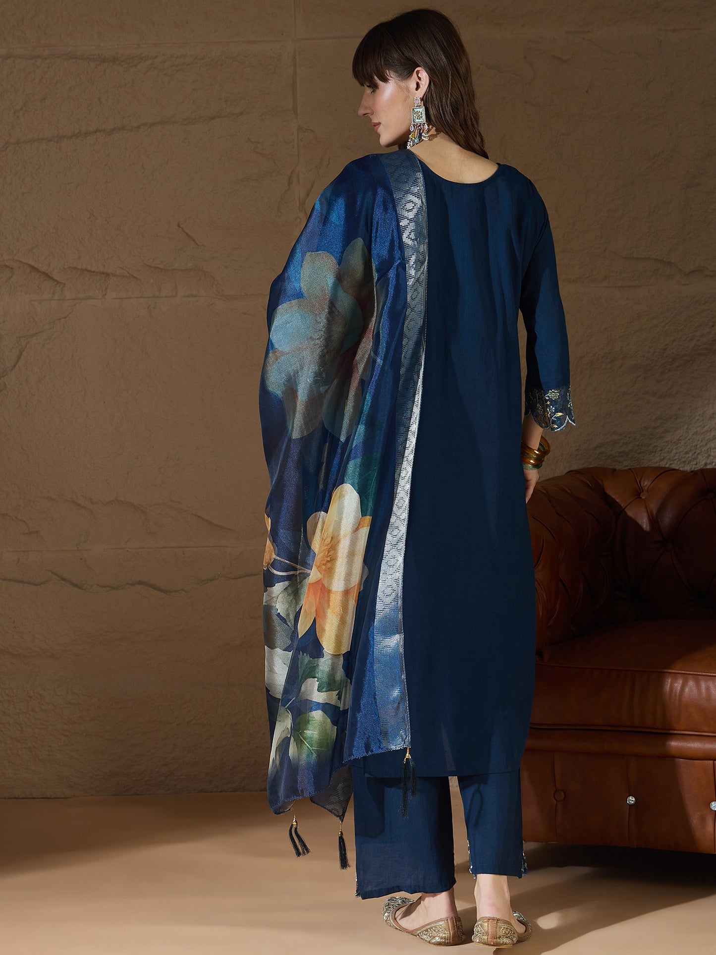 Simran Silk Blend Blue Embroidered Design Straight Kurta suits - FitVibe Fashion