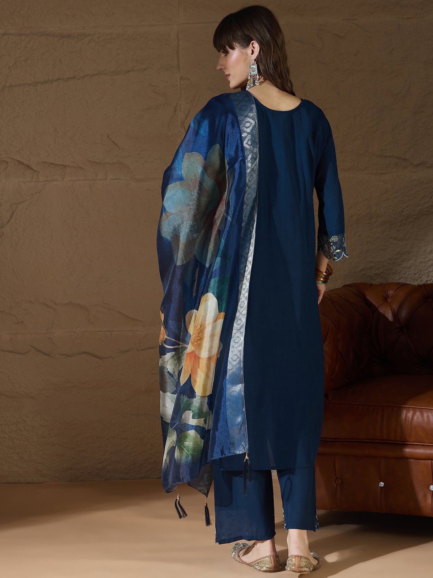Simran Silk Blend Blue Embroidered Design Straight Kurta suits - FitVibe Fashion