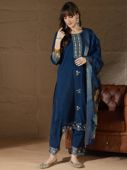 Simran Silk Blend Blue Embroidered Design Straight Kurta suits - FitVibe Fashion