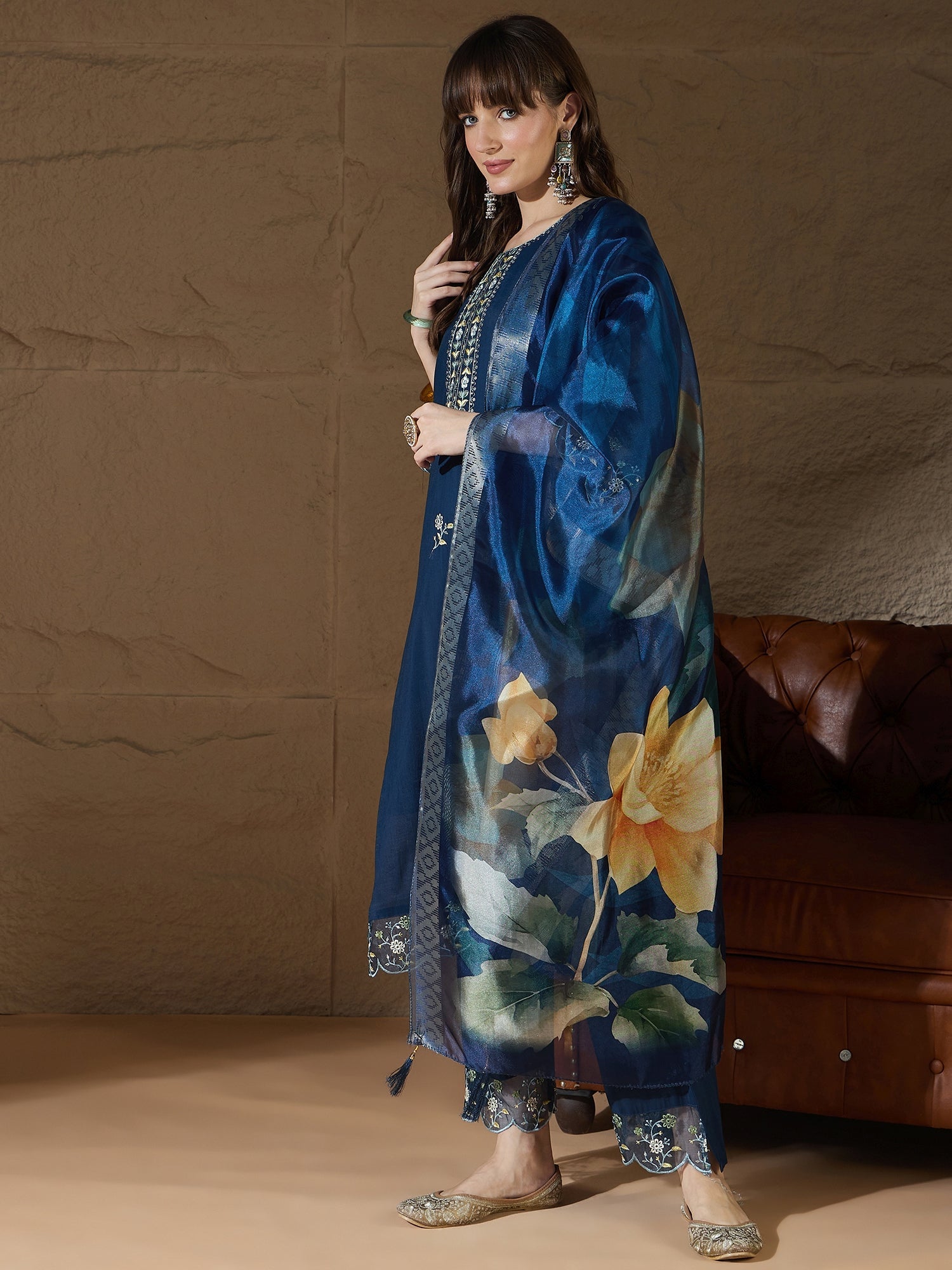 Simran Silk Blend Blue Embroidered Design Straight Kurta suits - FitVibe Fashion