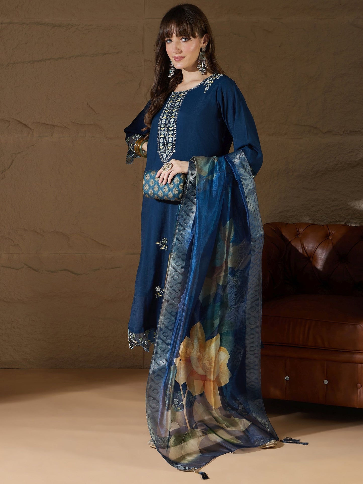 Simran Silk Blend Blue Embroidered Design Straight Kurta suits - FitVibe Fashion