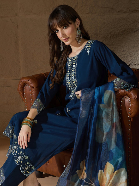 Simran Silk Blend Blue Embroidered Design Straight Kurta suits - FitVibe Fashion