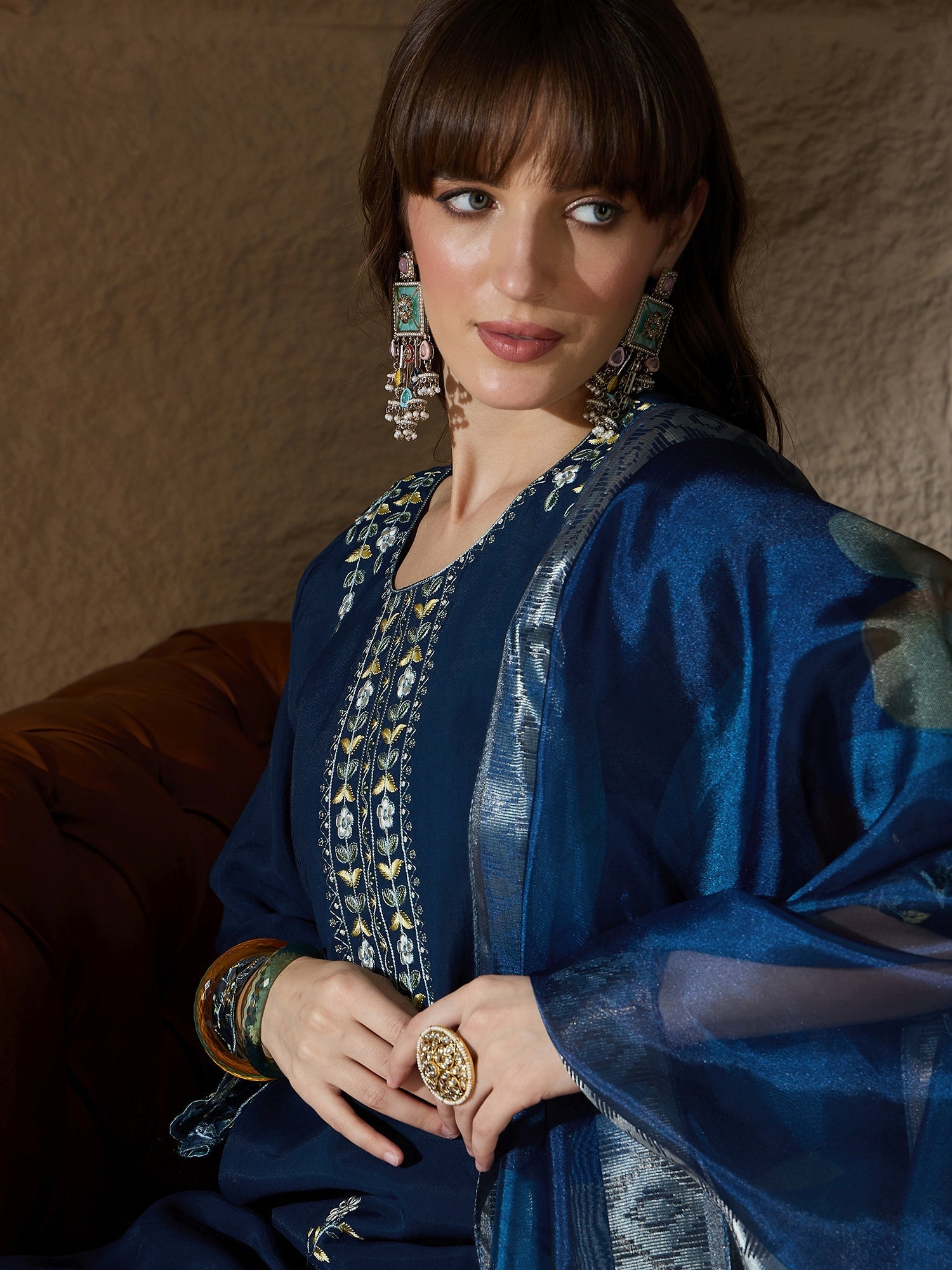 Simran Silk Blend Blue Embroidered Design Straight Kurta suits - FitVibe Fashion