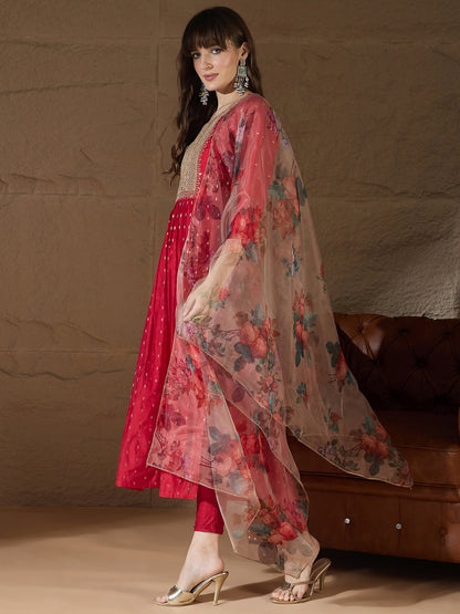 Neelangi Red Women Kurta and Leggings Duppata Set Chanderi Modal Butti - FitVibe Fashion