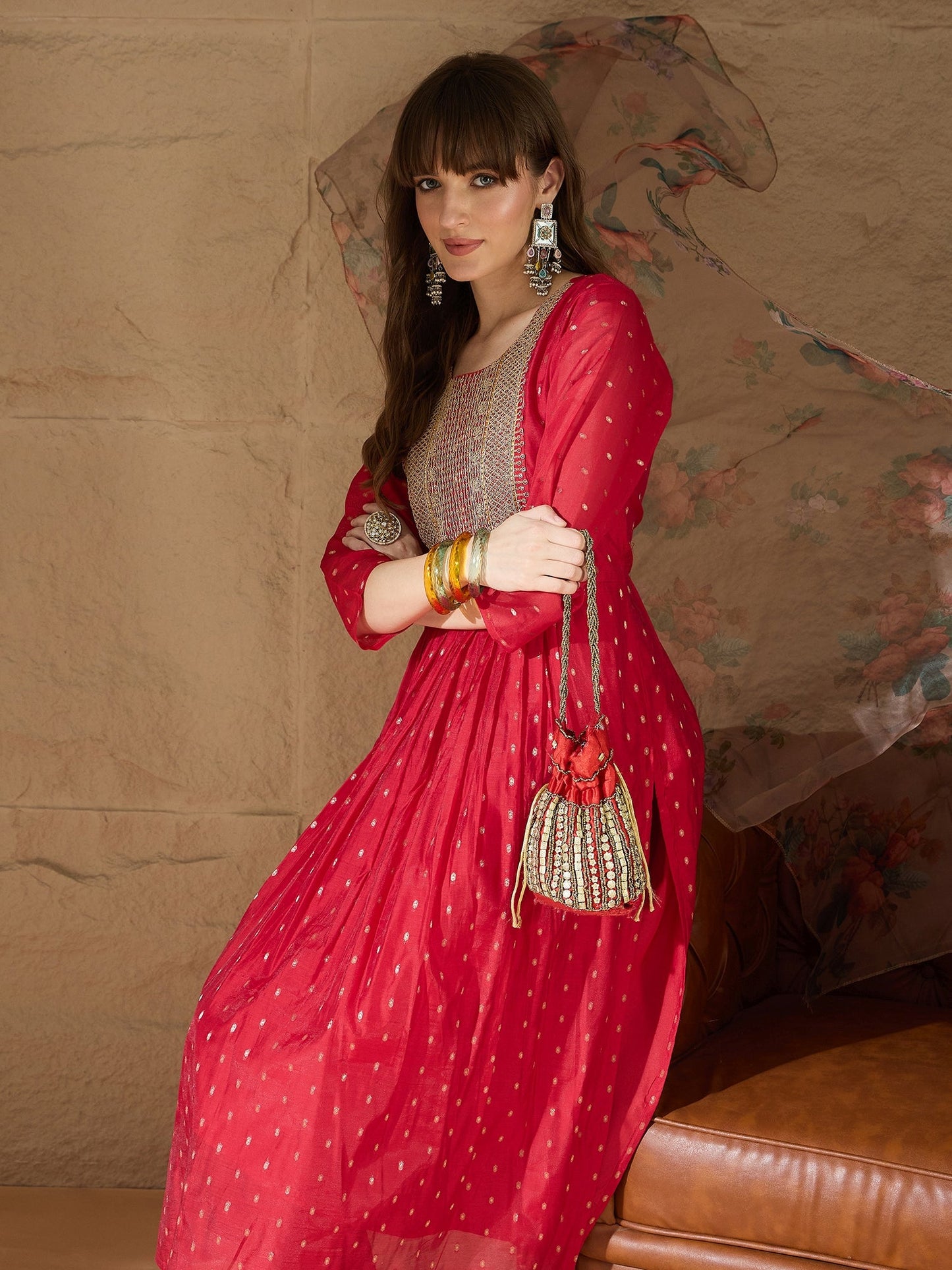 Neelangi Red Women Kurta and Leggings Duppata Set Chanderi Modal Butti - FitVibe Fashion