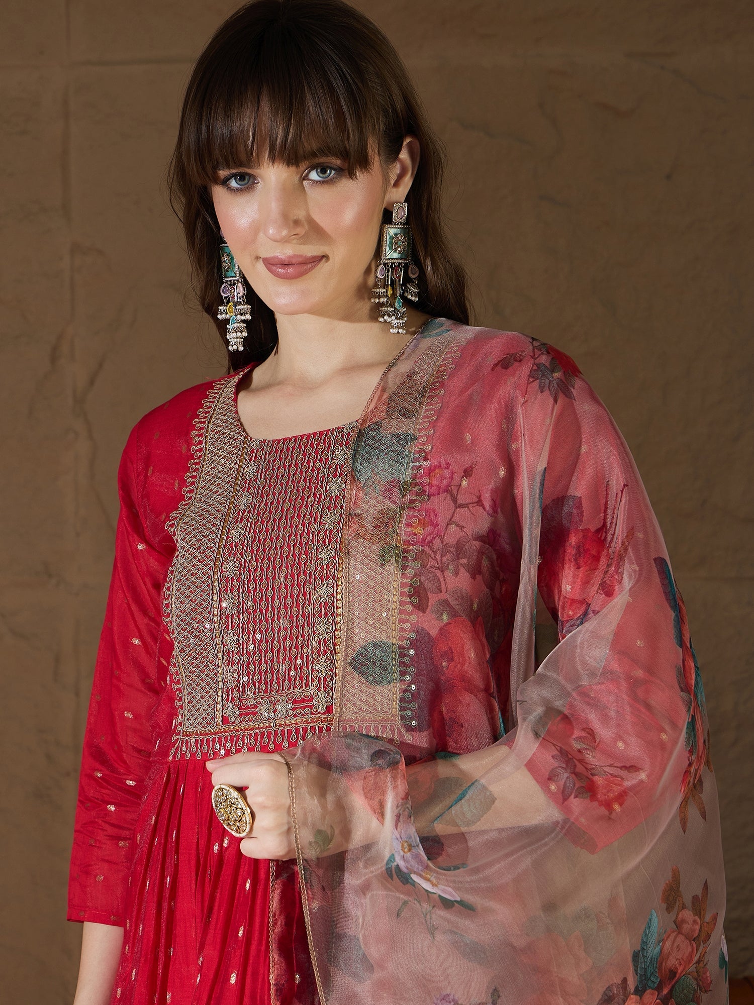 Neelangi Red Women Kurta and Leggings Duppata Set Chanderi Modal Butti - FitVibe Fashion