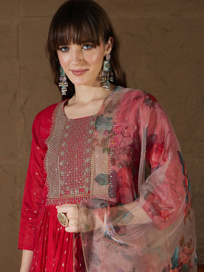 Neelangi Red Women Kurta and Leggings Duppata Set Chanderi Modal Butti - FitVibe Fashion