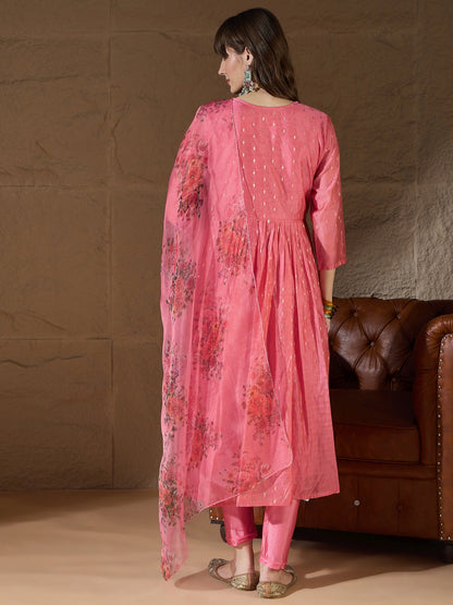 Neelangi Pink Women Kurta and Leggings Duppata Set Chanderi Modal Butti - FitVibe Fashion