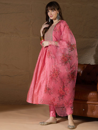 Neelangi Pink Women Kurta and Leggings Duppata Set Chanderi Modal Butti - FitVibe Fashion