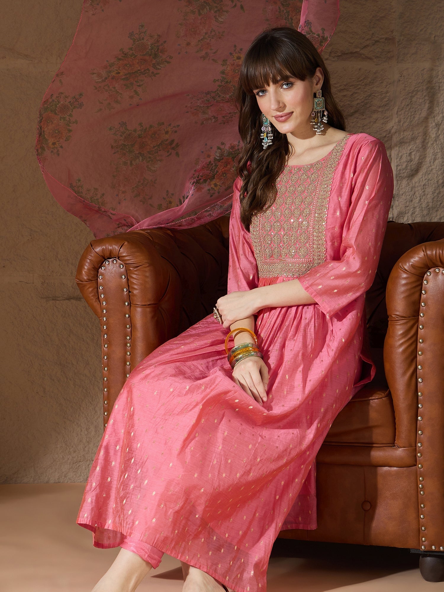 Neelangi Pink Women Kurta and Leggings Duppata Set Chanderi Modal Butti - FitVibe Fashion